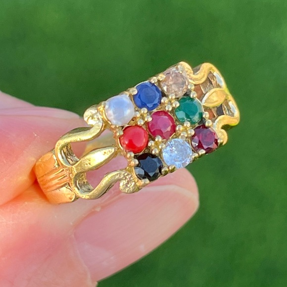 Gold Plated 9-Stone Navratna Gemstone Ring Sz 9.75